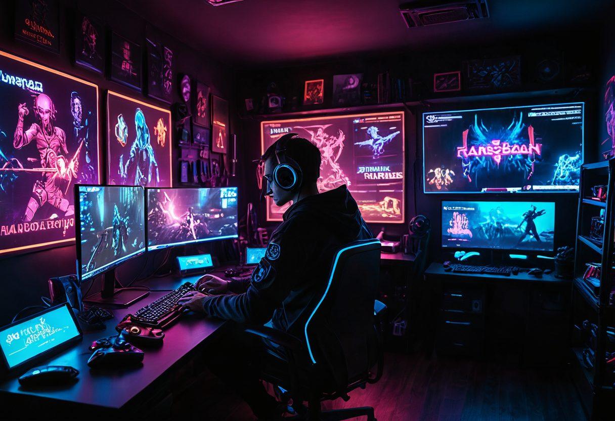 A shadowy gaming room with neon lights casting an eerie glow, showcasing a gamer immersed in action with a headset on. Surrounding them are popular gaming paraphernalia, like game controllers, posters of dark fantasy games, and a glowing screen displaying thrilling gameplay. The atmosphere should evoke a sense of mystery and excitement, hinting at the darker themes of gaming. cyberpunk. vibrant colors. dark background.