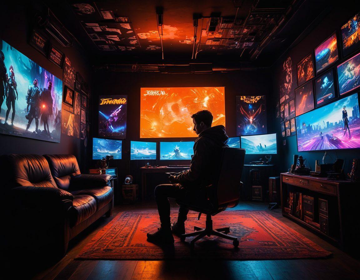 A gamer sitting in a dimly lit room filled with shadows and glowing screens, surrounded by various gaming paraphernalia and posters of iconic video games. A glowing thought bubble emerges above their head, depicting both dark and enlightening aspects of gamer culture, symbolized by a contrast of light and dark imagery. The atmosphere should be moody yet inviting, drawing in the viewer to explore deeper. cyberpunk. dramatic lighting. vibrant colors.