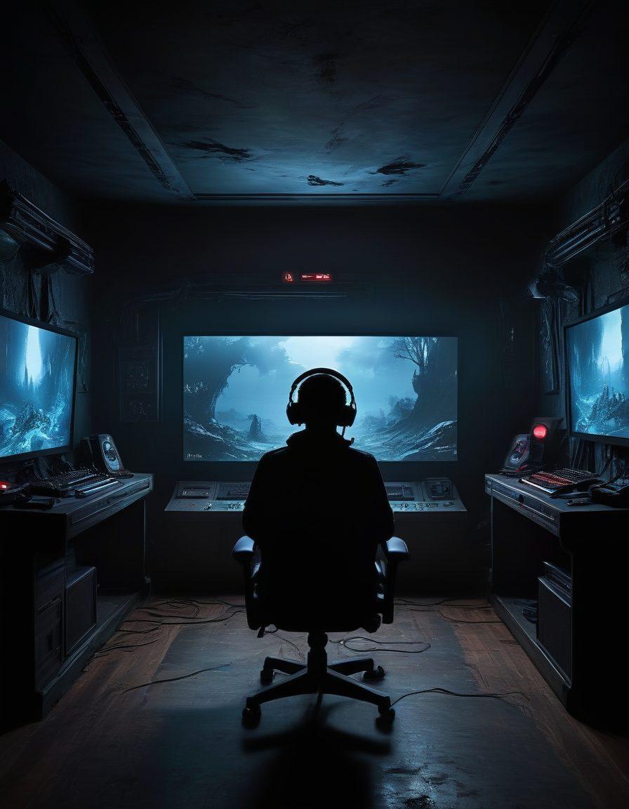 An ominous and shadowy gaming room filled with dark, ethereal lights emanating from various gaming consoles. Displayed are iconic horror game elements like a zombie silhouette and a haunting pixelated landscape. A figure with a headset immerses in this eerie environment, reflecting themes of dark entertainment and pop culture. The ambiance is a blend of futuristic and retro aesthetics, enhancing the overall gloom. super-realistic. dark color palette. atmospheric lighting.